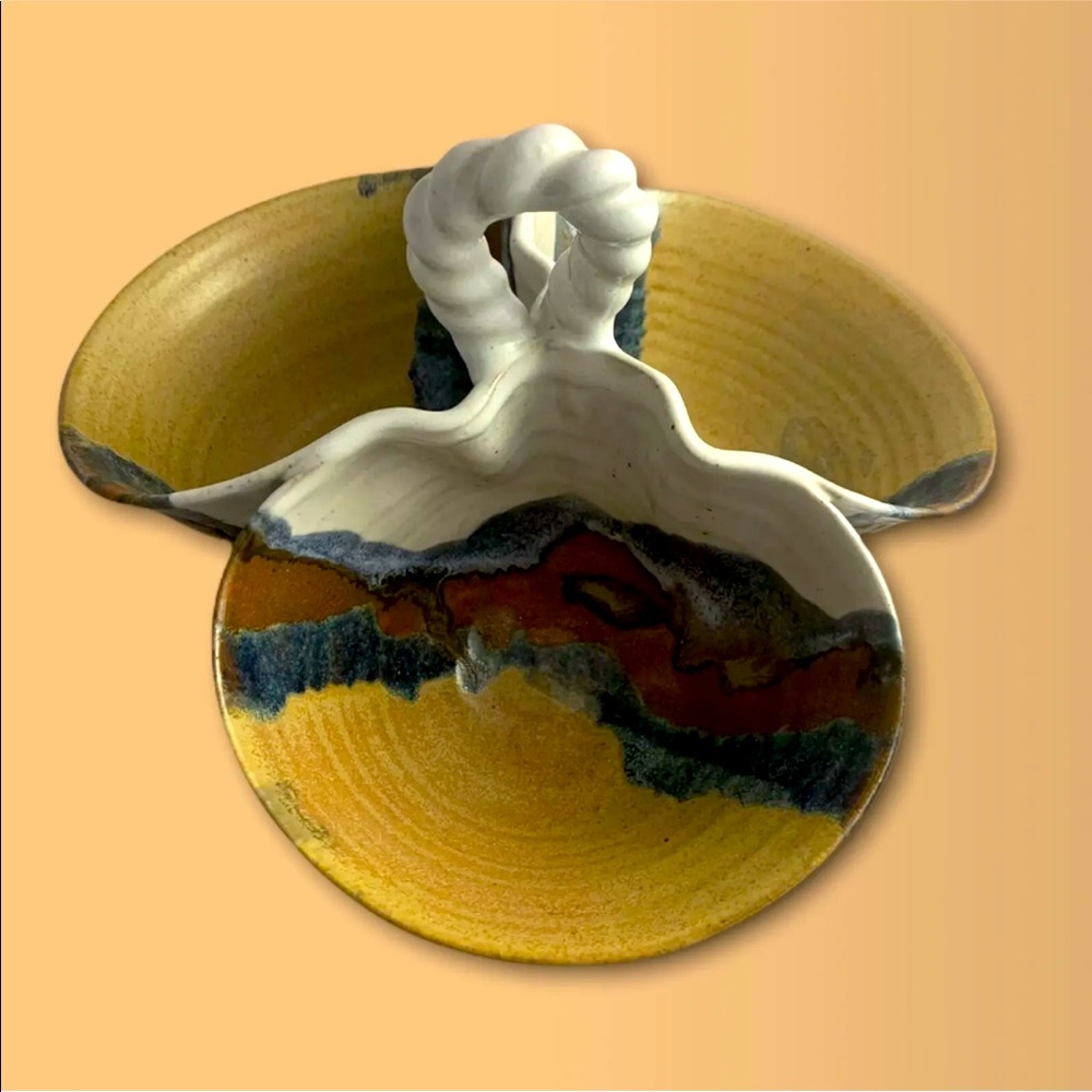 Vintage Handmade Drip Glazed Pottery Divided Candy/Nut Dish with Handle. Signed